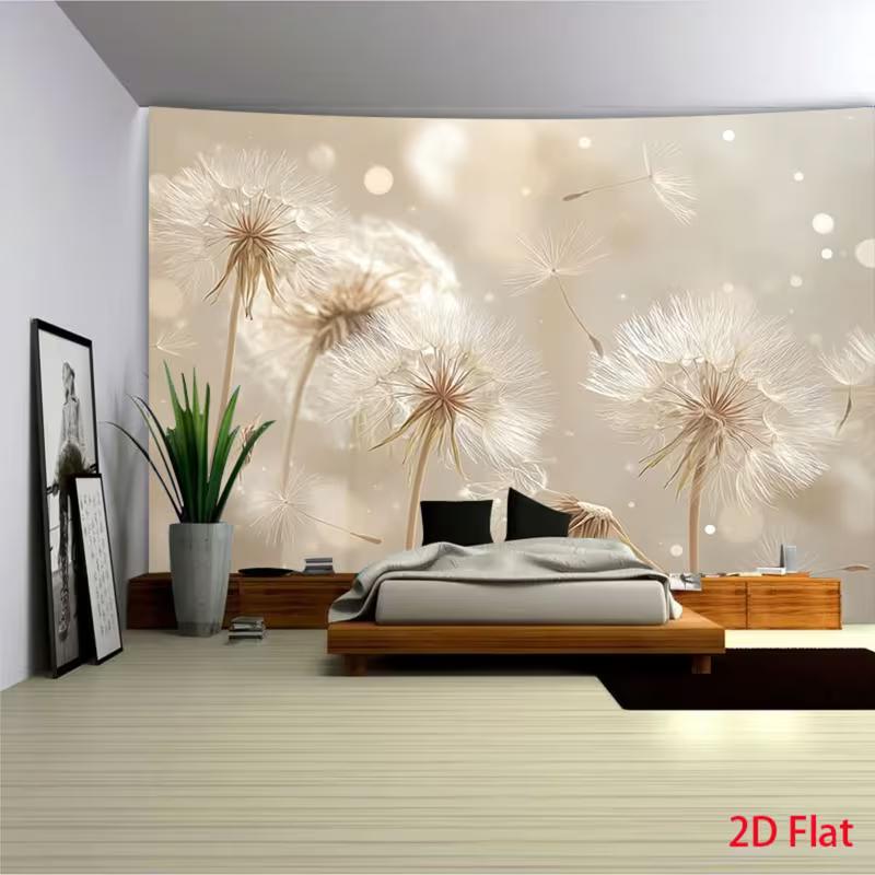 Aesthetic Dandelion Tapestry with Bokeh Light Neutral Beige Floral Wall Hanging for Living Room
