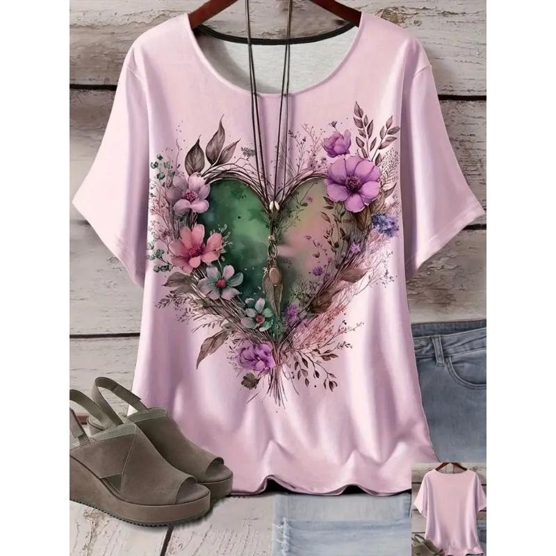 Модная женская одежда Цветок Короткий рукав 3D Цветок Цветная Печать Круглый вырез Футболка Круглый вырез Короткий рукав XS