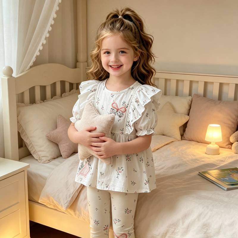 Girl Summer Outfit With Cotton Material And Cartoon Pattern For Ages 38