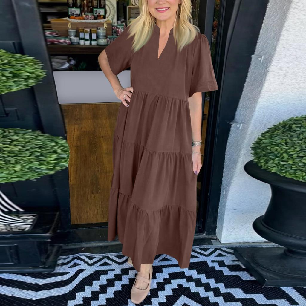 Women's Fashion Color V-neck Short Sleeve Dress
