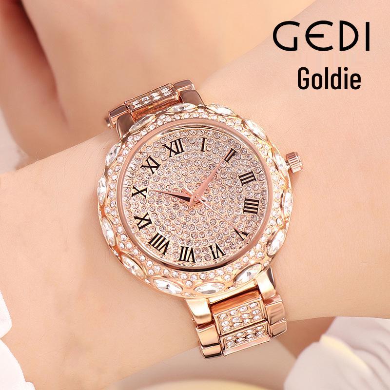 Gedi Luksusowy Zegarek Damski Kwarcowy Gwieździste Niebo z Diamentami, Wodoodporny Stalowy Pasek i Luminescencyjna Duża Tarcza.