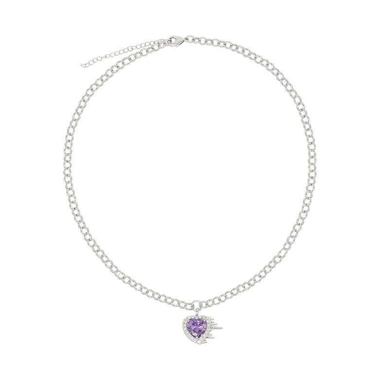 Sweet And Cool Girl Purple Gemstone Love Necklace Temperament Personalized Fashion 925 Silver Needle Earrings Necklace Set