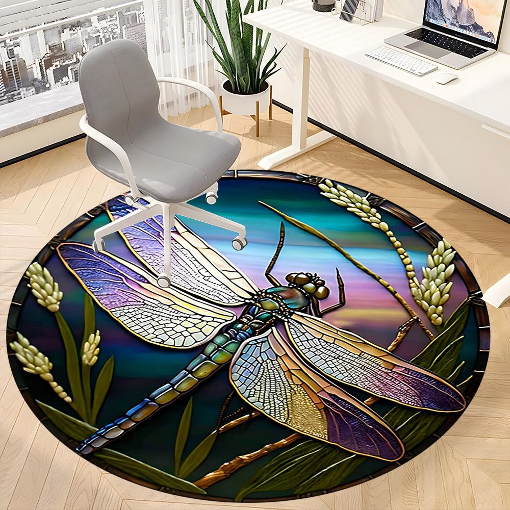 1PC Dragonfly StainedGlass Office Round Area Rug,  Mat Suitable ForOffice, Under Office Chairs Bedroom Living Room Home Decor, Room Deco