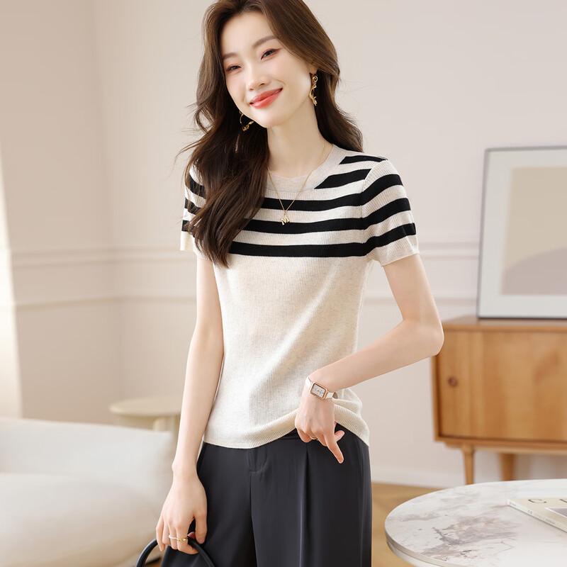 Petite Striped Wool Blend Short-Sleeve Knit Top