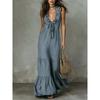 Women's Solid Color Sleeveless V-neck Linen Cotton Big Swing Dress, Spring Summer Casual Dress for European American
