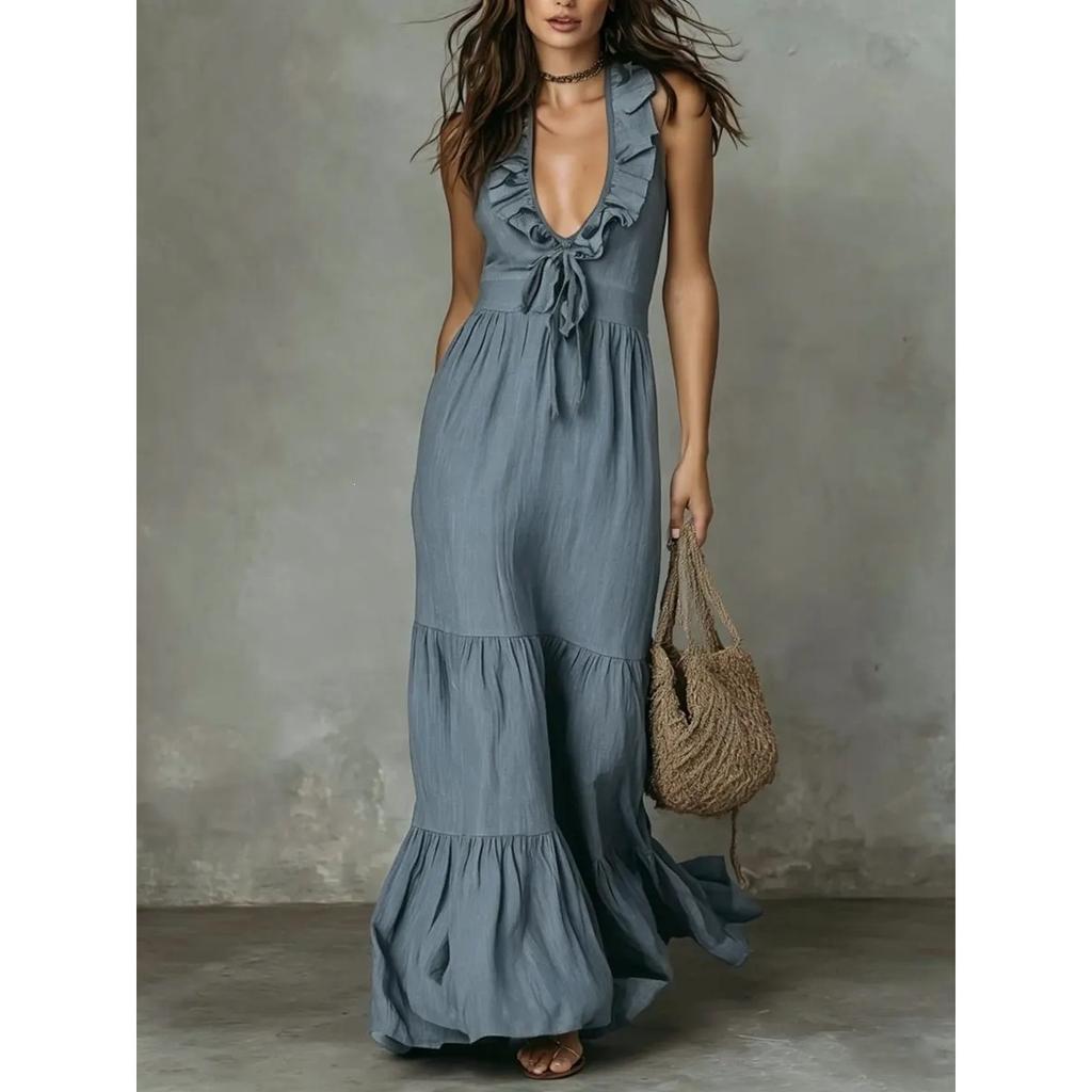 Women's Solid Color Sleeveless V-neck Linen Cotton Big Swing Dress, Spring Summer Casual Dress for European American