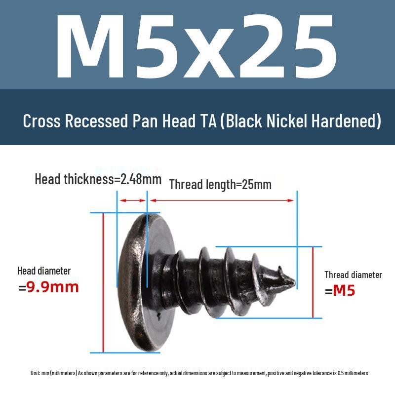 Yigu Black Nickel Hardened Phillips Flat Head Self-Tapping Screws M3-M5, Carbon Steel, Coarse Thread, Pointed Tail