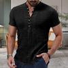 V-Neck Buttons Half Placket Men Shirt Short Sleeve Fine Sewing Summer Casual Solid Color Thin Shirt Daily Garment