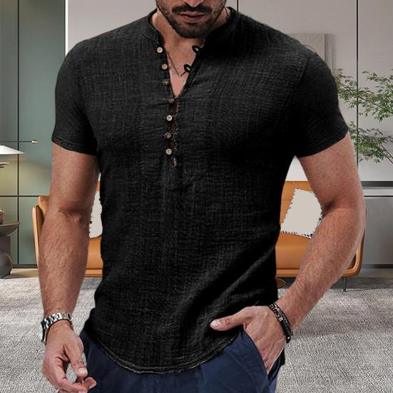 V-Neck Buttons Half Placket Men Shirt Short Sleeve Fine Sewing Summer Casual Solid Color Thin Shirt Daily Garment