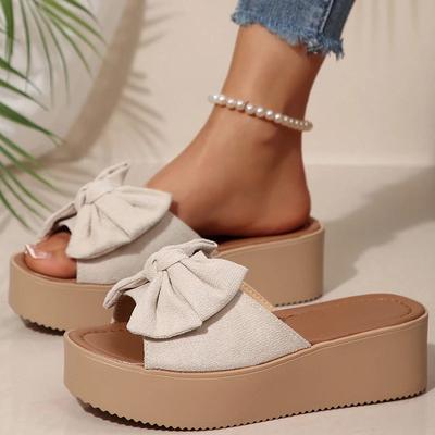 Mode Élégant Nœud Papillon Femme Sandales à Plateforme Épaisses Été Antidérapantes Bout Ouvert Sandale Femme Grande Taille Flock Semelle Épaisse Claquettes Dame