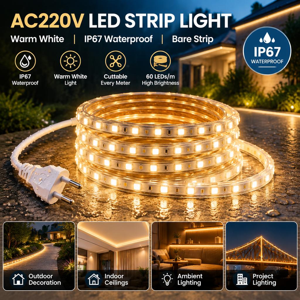 AC220V LED Strip Light IP67 Waterproof Warm White