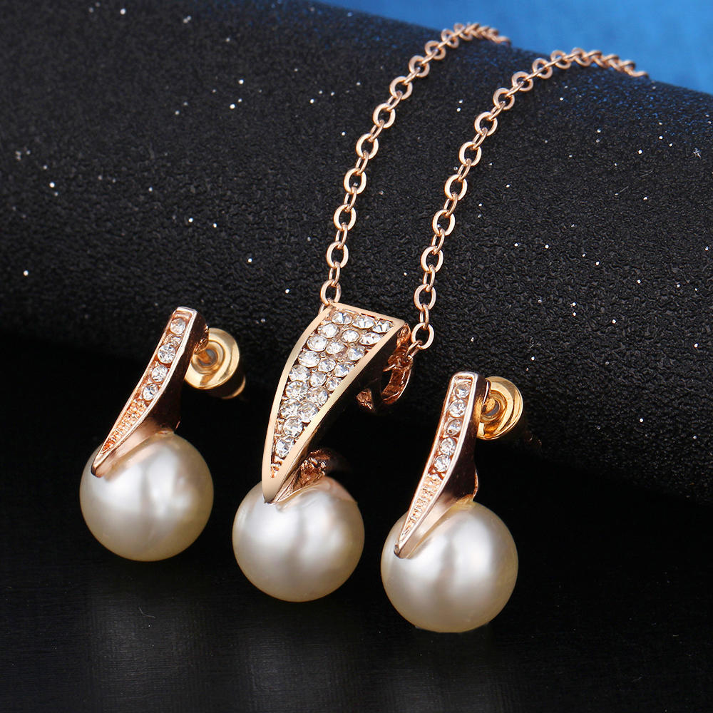 Fashion Crystal Faux Pearl Color Earring Necklace Rhinestone Set Women Bridal Wedding Jewelry Gifts