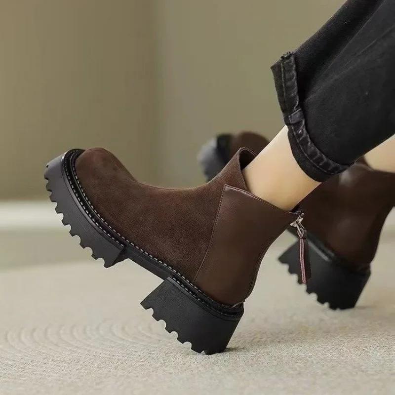 Módní dámské boty 2024 Módní boty na zip Dámské podzimní zimní boty Kulatá špička Plyšový fleece pro teplo Jednobarevné krátké kotníkové boty