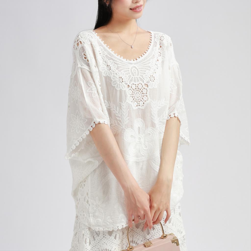 DIMANAF 2025 New Summer Basic Shirt Women Lace O-Neck Blouse Tops Tees Loose White Short Tees