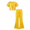 Kids Girls Shiny Sequins Party Sets Round Neckline Crop Top with Elastic Waistband Flared Pants for Dance Stage Performance
