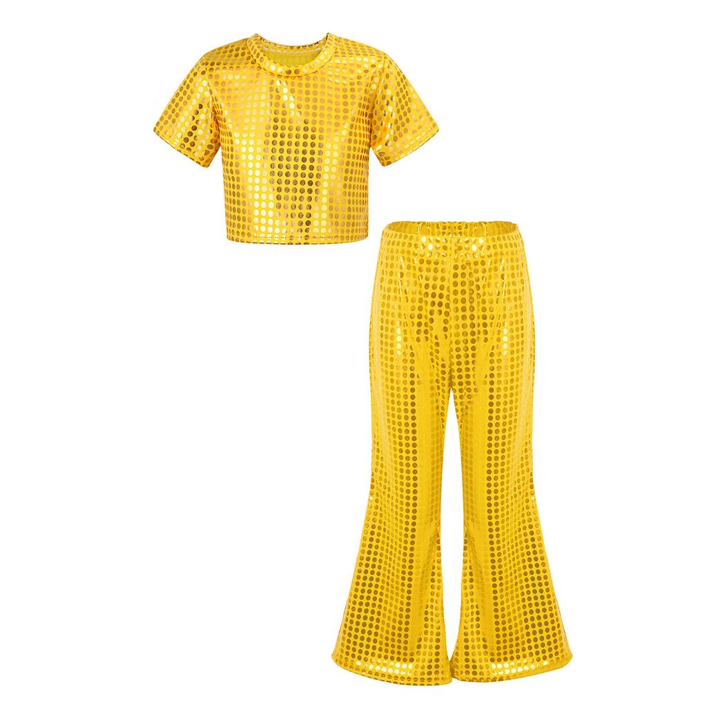 Dětské Dívčí Lesklé Flitry Párty Sety Kulatý Výstřih Crop Top s Elastickým Pasem Rozšířené Kalhoty pro Taneční Scénické Vystoupení
