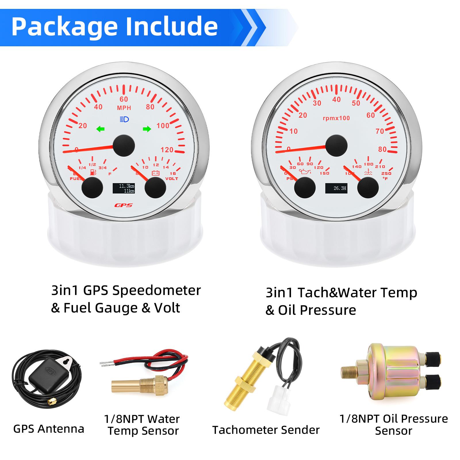 

Комплект приборов 3 в 1 с датчиком 1/8NPT для автомобиля, лодки, грузовика, 8 тыс. об./мин, тахометр, GPS, спидометр с антенной, вольтметр, датчик температуры воды