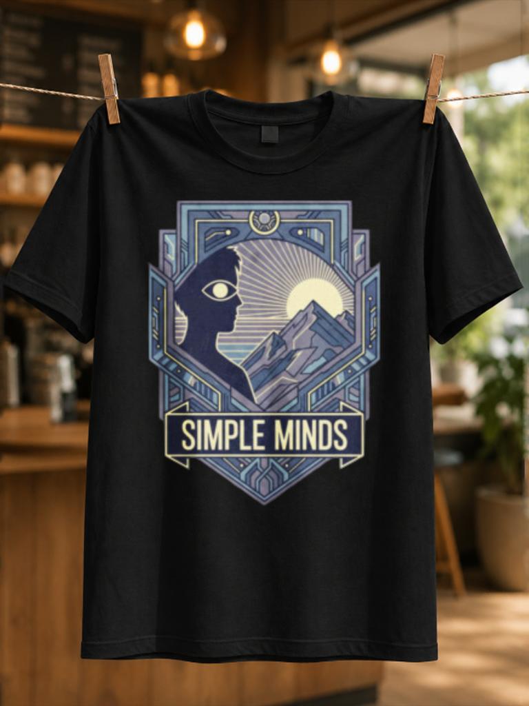 Simple Minds Art Deco Mountain Sun With Profile Silhouette Geometric Blue Frame And Cream Lettering Unisex All Tshirt