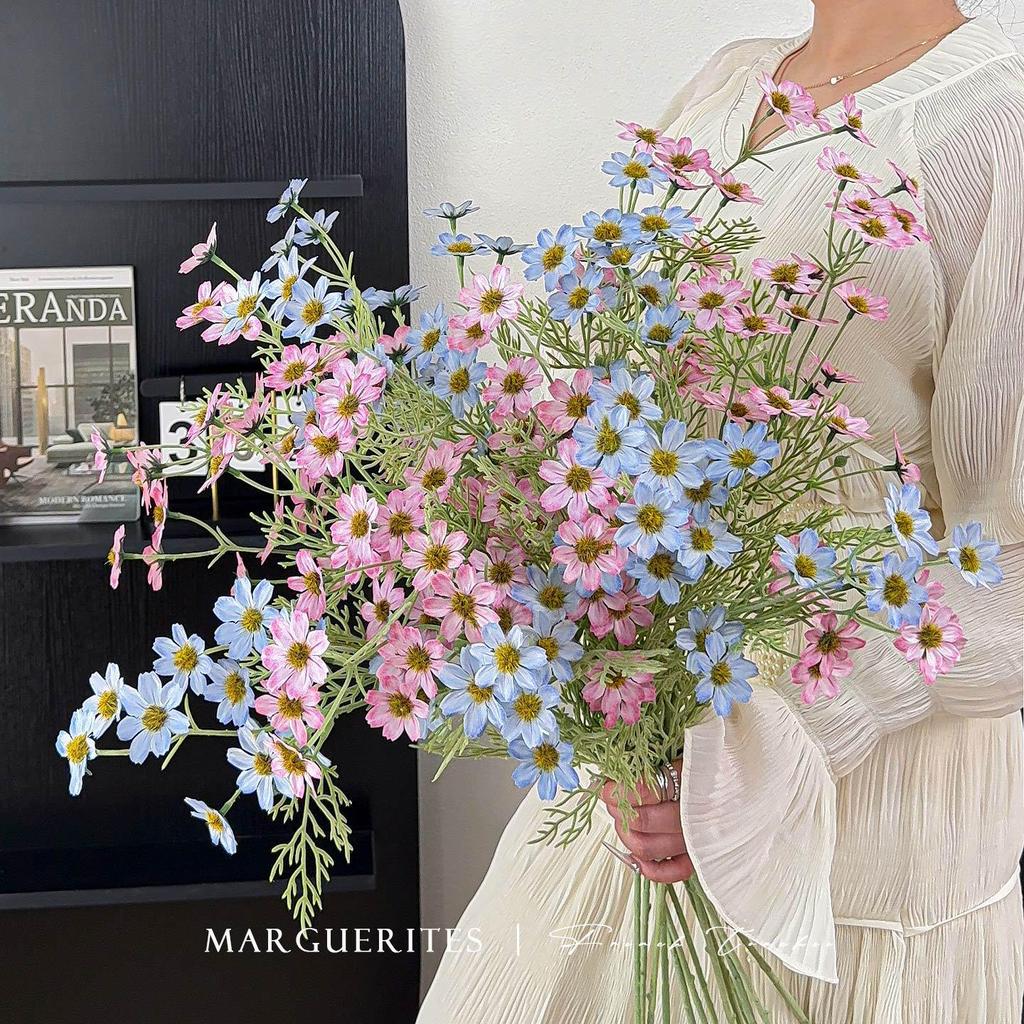 High-Grade Artificial 2-Branch Long Stem Flocked Small Daisy Bouquet for Home Dining Table Decor