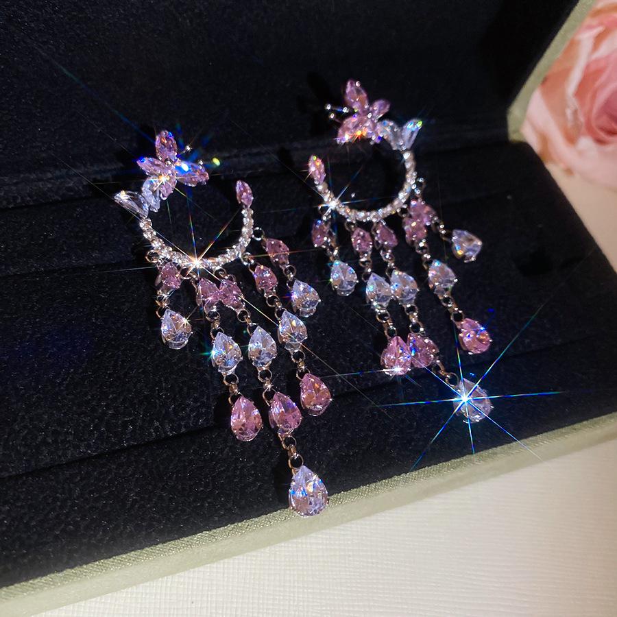 Silver Needle Pink Butterfly Zircon Cutout Stud Earrings - High-End Luxury Fashion Jewelry