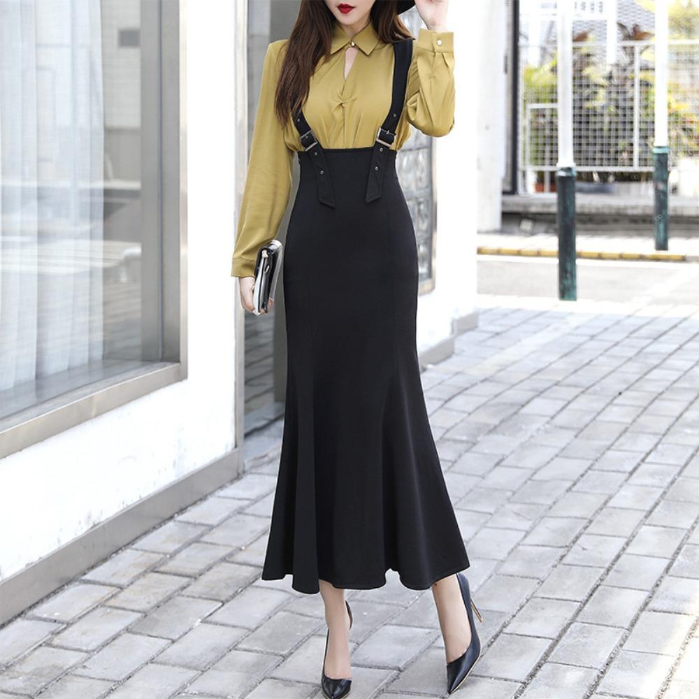 Women's High Waist Flare Suspender Skirt Slim Fit Long Midi Skirt