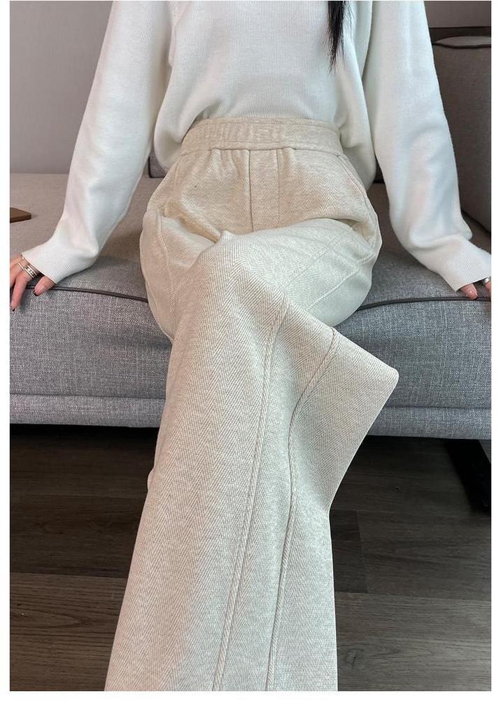 Women's High-Waisted Woolen Herringbone Wide-Leg Pants with Velvet, Split, and Flannel Details for Autumn/Winter