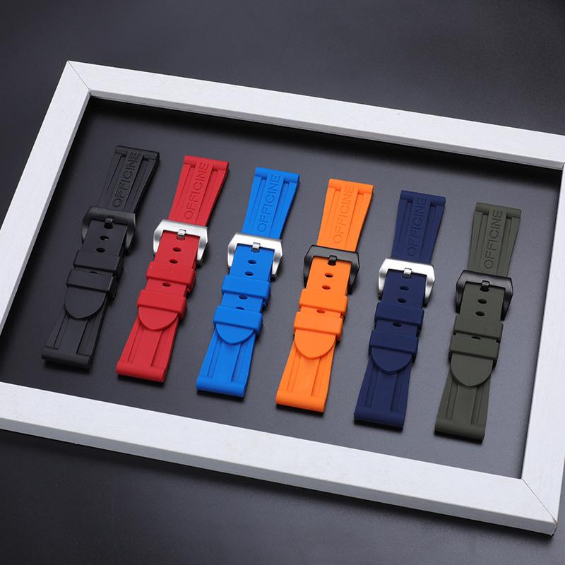 Soft Black Blue Orange Nature Rubber Silicone 26mm Watch Band for Panerai Strap Black Blue Red Orange With Tang Pin Buckle