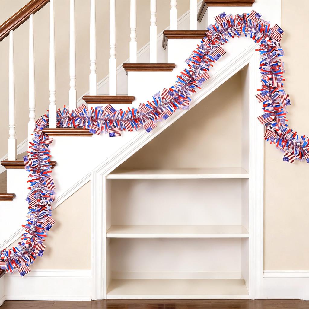 Patriotic Glitter Garland Decoration, Red Blue Star Garland, 4th Of Decor Golf Cart Shiny Tinsels For Car Bike Independence Day Memorial Day Decor