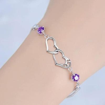 Double Heart Shape Cubic Zirconia Charm Bracelet, Love Bracelet for Women & Girls, Valentine Day Gift