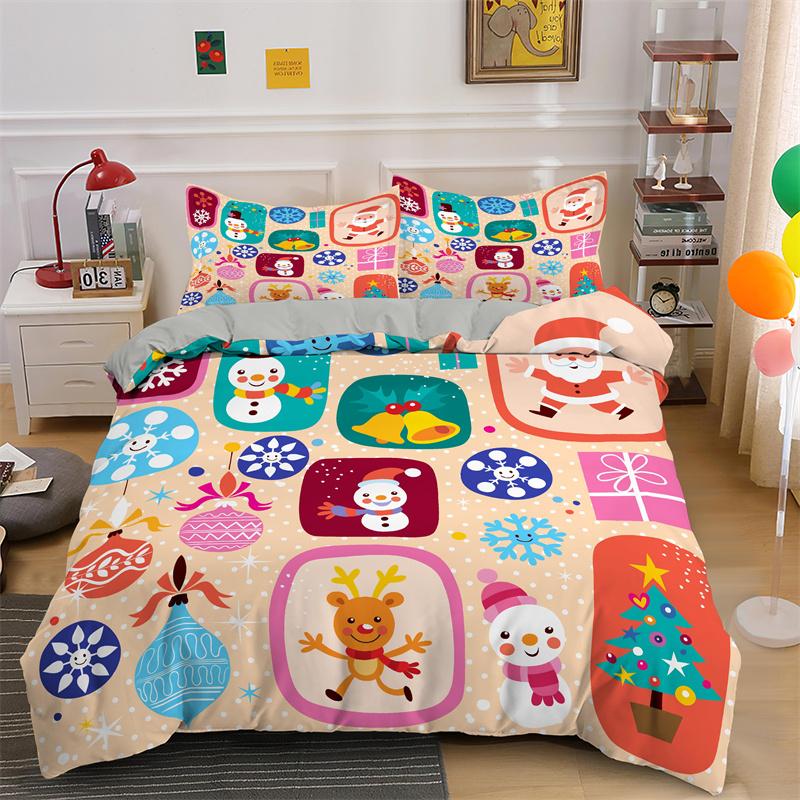3D God Jul Kung Drottning Sängklädesset Barn Tecknad Jultomte Snögubbe Ren Täcköver XMAS Påslakan Polyester Quiltöverdrag