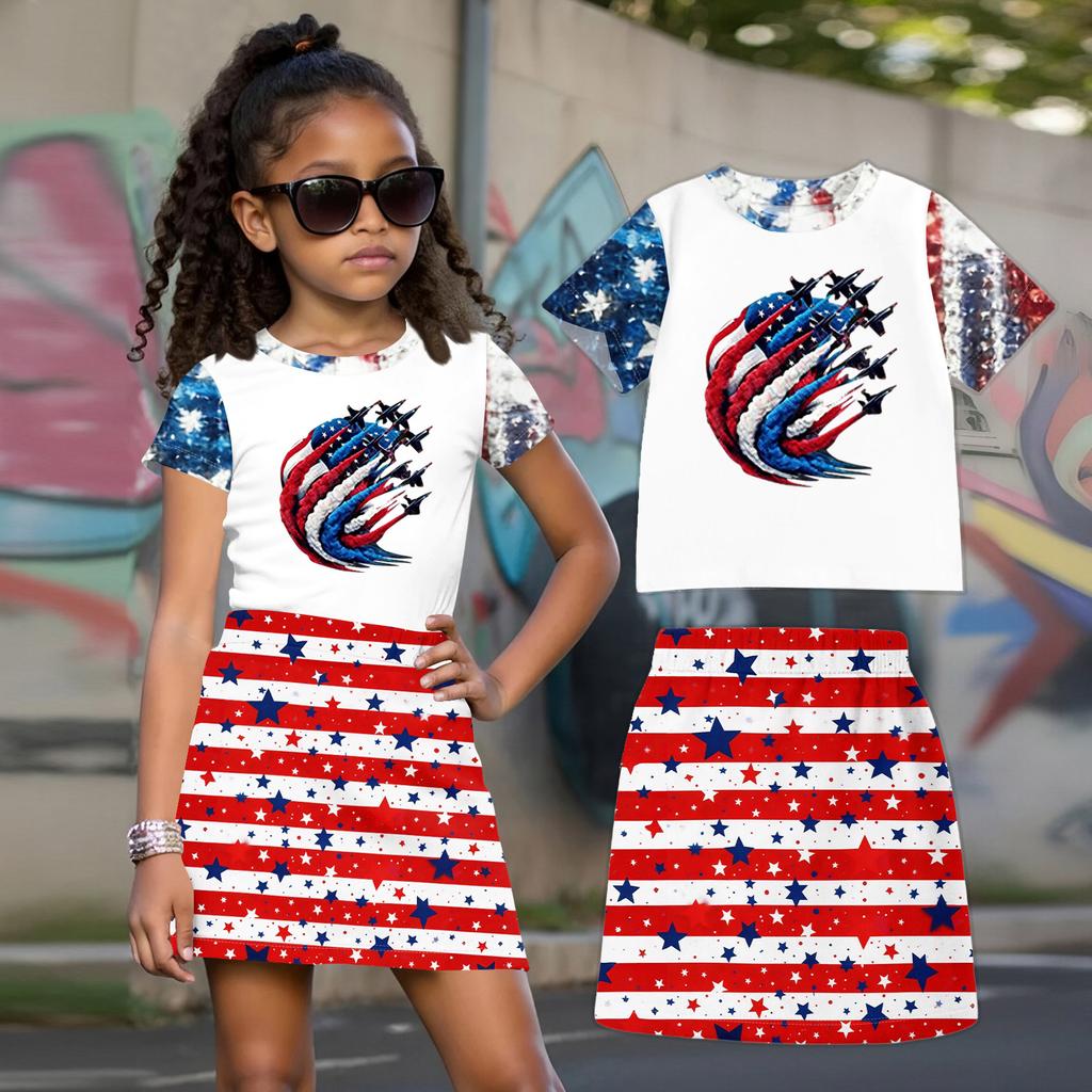 Completo due pezzi per bambina con top a maniche corte girocollo e gonna Set Abbigliamento casual estivo a vestibilità larga per bambini