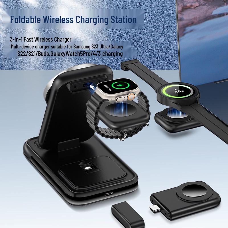 3-in-1 Foldable Wireless Charging Stand with Magnetic Cable for Fast Charging