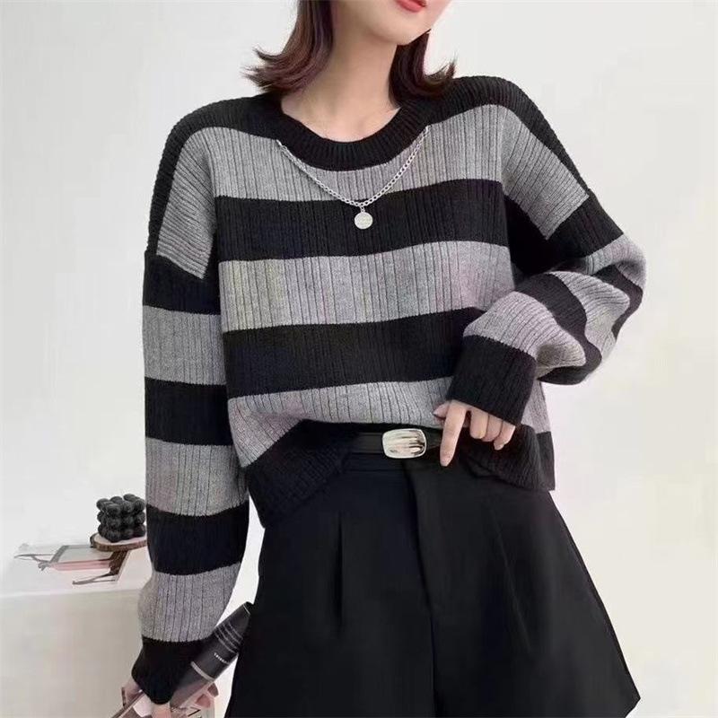 YYFS Dámská móda Ležérní Podzim Zima Svetry s proužkovaným potiskem s dlouhým rukávem a výstřihem do O