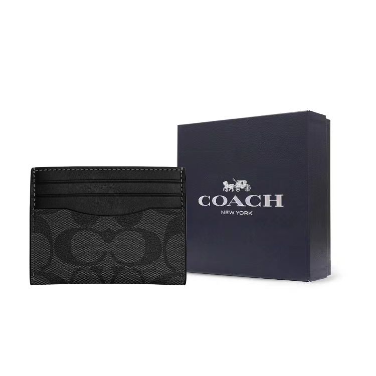 Coach Card Case 10 Classic Monogram Print Three Credit Card Slots Coated Canvas With Refined Calfskin Men Card Case Gray Black CQ031-QBMI5