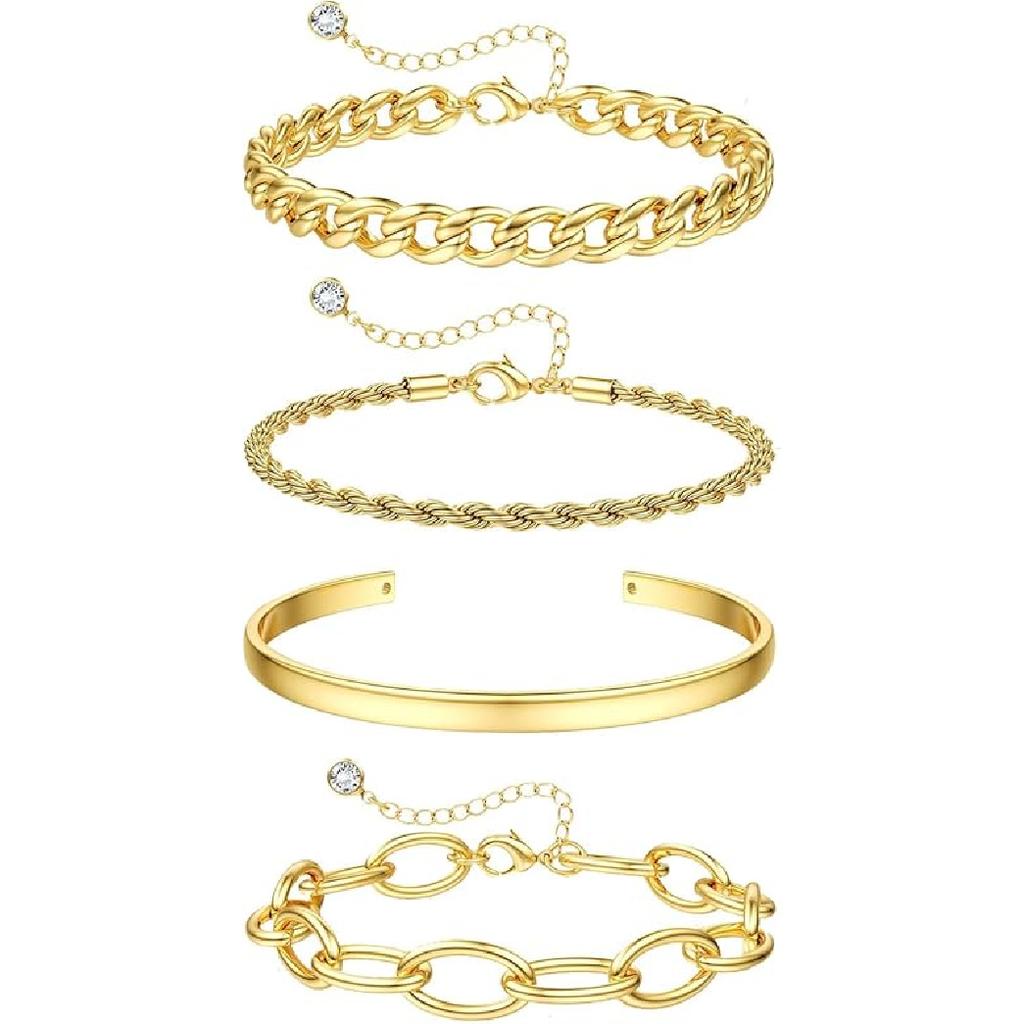 16k Chunky Gold Bracelets for Women Trendy Womens Gold Bracelet Stack Layered Chunky Chain Bracelets Waterproof Link Cuff Herringbone Bracelet