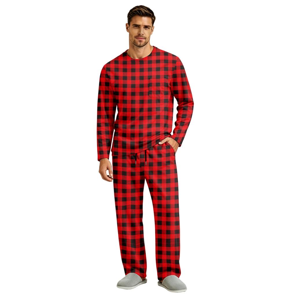 Men's Pajama Set Long Sleeve Top and Long Pants with Button Crotch and Elastic Drawstring Waist for Home Loungewear