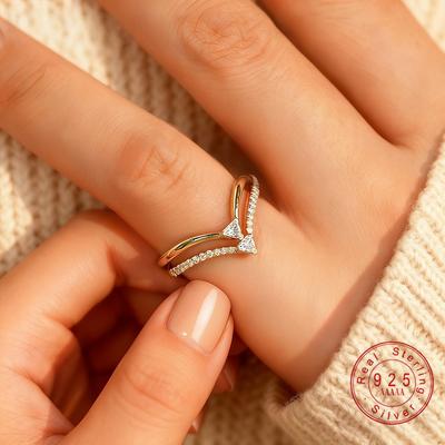 V-Shaped Moissanite Rings 925 Sterling Silver Plated 18K Gold Solitaire & Pavé Band Engagement Promise Rings for Women