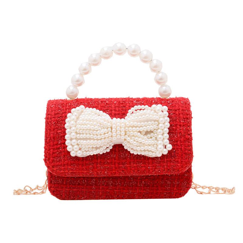 Stylish Red Pearl Bow Kids Bag Chic Fashionable Chain Wallet For Girls Perfect For Everyday Use