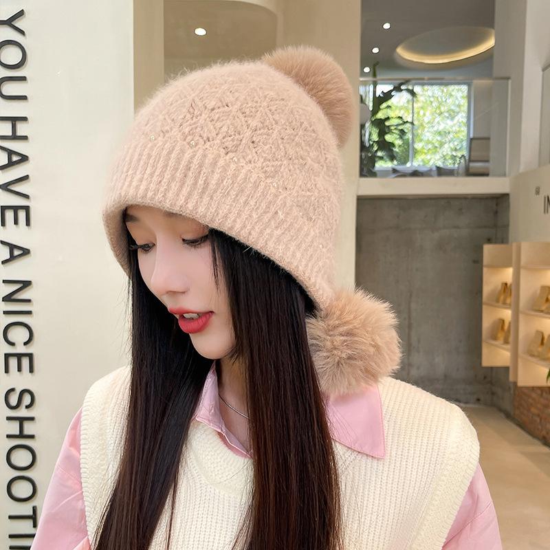 New hat women's autumn and winter warm knitted hat fleece thickened face small cycling windproof winter wool hat