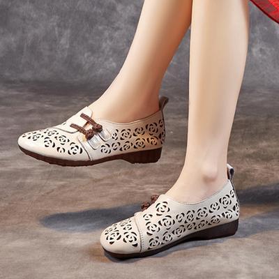 Sandalias Zapatos de Mujer Verano Transpirables Zapatos Cueva Capa Superior Piel de Vaca Suela Plana Antideslizantes Zapatos de Cuero Retro