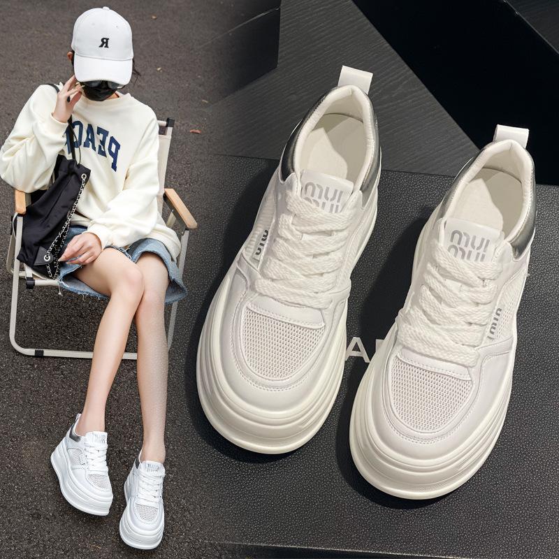 Leather little white shoes women's new single-mesh breathable thick-soled heightening sports and leisure shoes versatile muffin board shoes