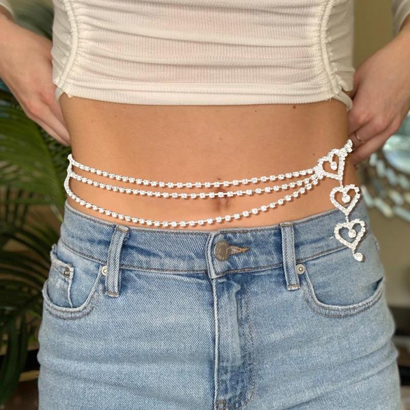 Multi Layer Waist Chain Alloy Shinning Body Chains with Dangle Heart Body Jewelry Accessories for Women and Girls