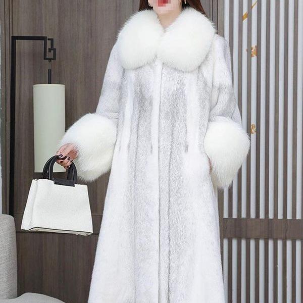 Women's Long Mink Coat with Fox Fur Collar - Casual and Warm Winter Fur Coat