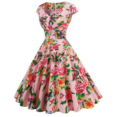 Damenkleid im chinesischen Stil, Blumendruck, V-Ausschnitt, kurze Ärmel, Ethno, A-Linie, großer Schwung, eng, hohe Taille, bunter Rücken, versteckter Reißverschluss, Party, Abschlussball, Midikleid