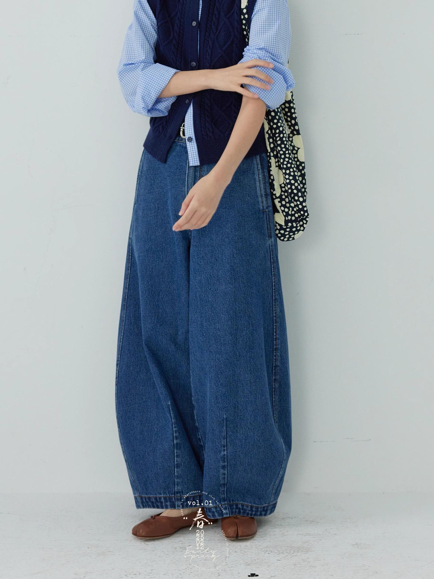 

Women s White Line Drawing Chicago Landing Elastic Waist Loose Wide-Leg Lantern Denim Pants XL джинсовый синий