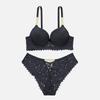Elegant Rhinestone Lace Bra Set with Metal Chain Straps, Off-Shoulder Push-Up B Cup