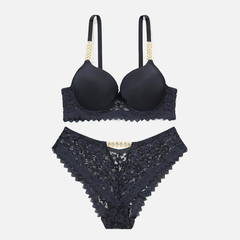 Elegant Rhinestone Lace Bra Set with Metal Chain Straps, Off-Shoulder Push-Up B Cup