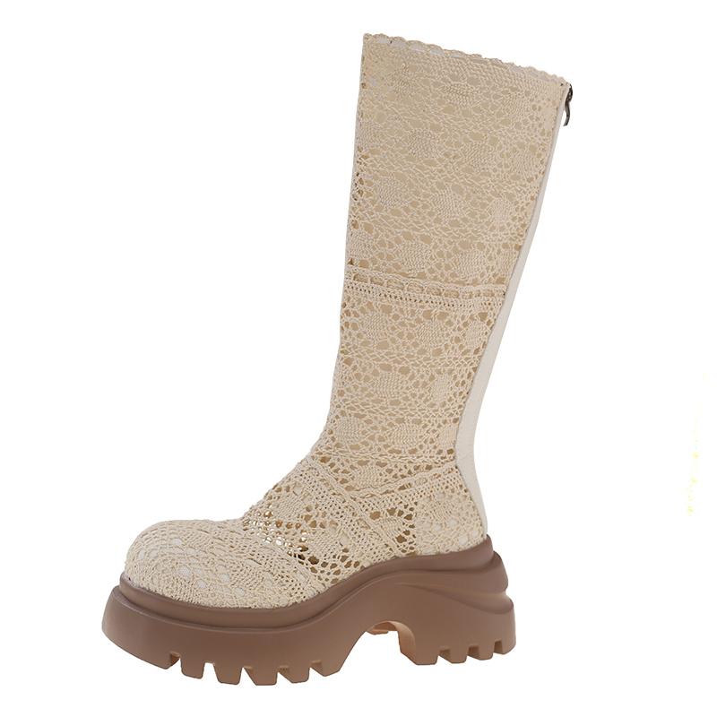 Fashion Mesh Fabric Women Knee High Boots Platform Thick Bottom Hollow-out Breathable Long Booties Dance Party Prom Shoes