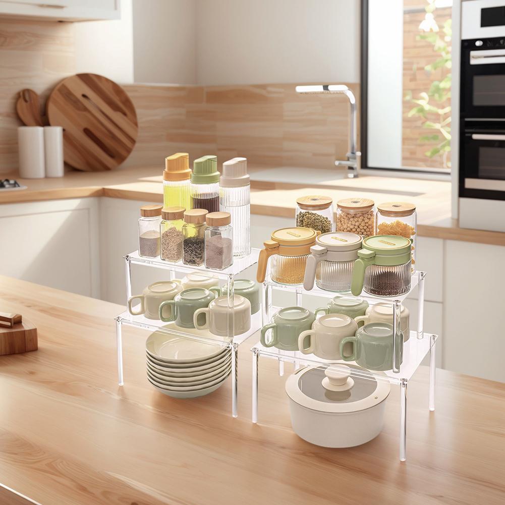 4 Pack Clear Acrylic Shelf Organizer Shelf Risers Kitchen Counter Shelves Organizer for Dishes Spices Soda Cans and Bottles