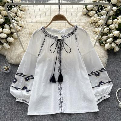 Women's Spring  Autumn Retro Ethnic Style Top Embroidered Round Neck Long Sleeve Blouse Loose Shirt Top